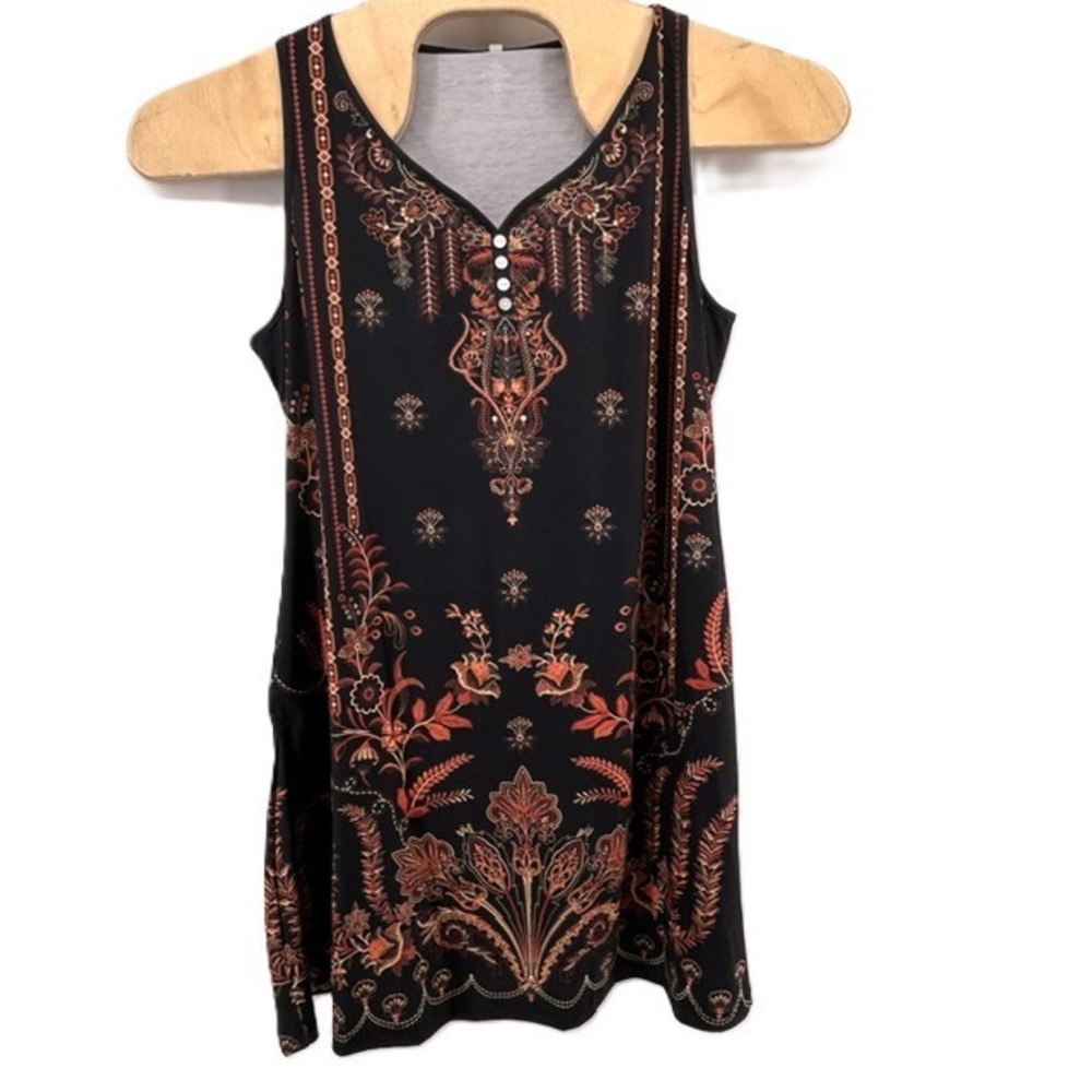 Kipfall Women XL Black Orange Floral Damask Sleeveless Tunic Pocket Tank Dress